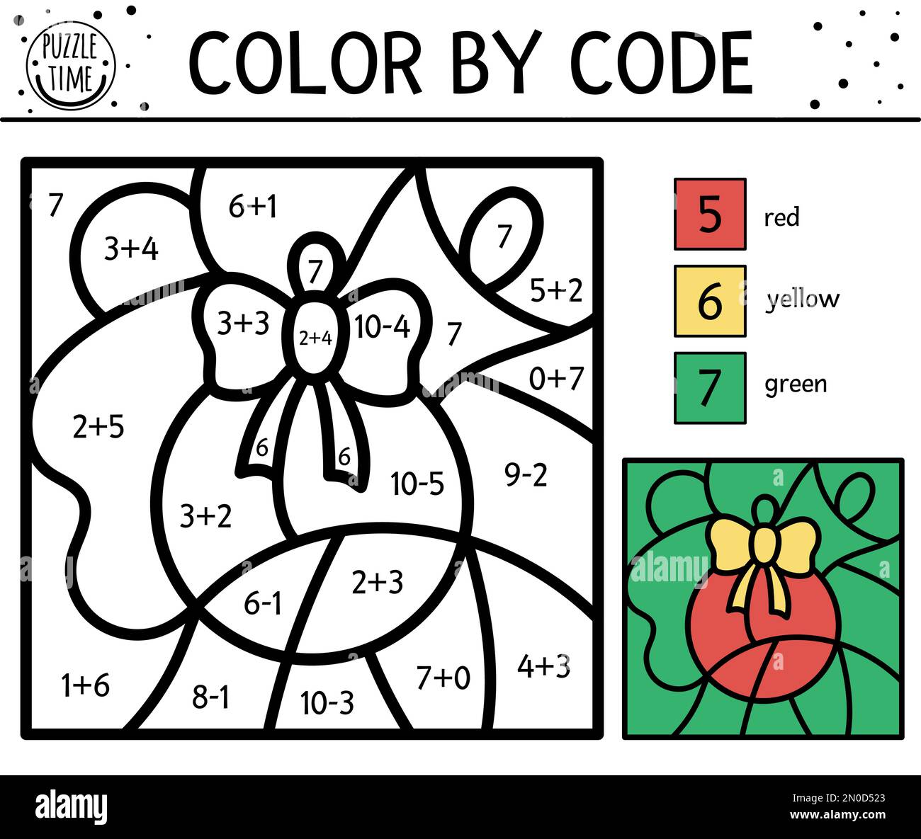 Vecteur couleur de Noël par nombre activité avec boule colorée. Jeu simple de coloriage et de comptage d'hiver avec animal mignon. Couleur drôle du nouvel an b Illustration de Vecteur