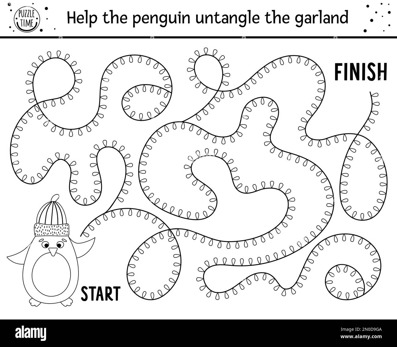 Labyrinthe noir et blanc de Noël pour les enfants. Hiver nouvel an préscolaire imprimable activité éducative ou page de coloriage. Jeu de vacances drôle ou puzzle W Illustration de Vecteur