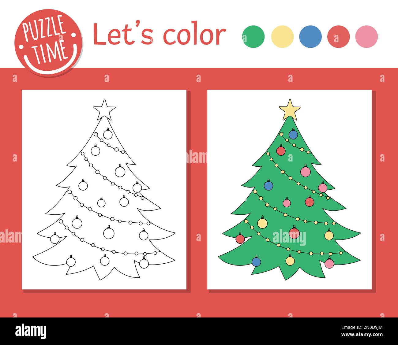 Page de coloriage de Noël pour les enfants. Charmant sapin décoré 