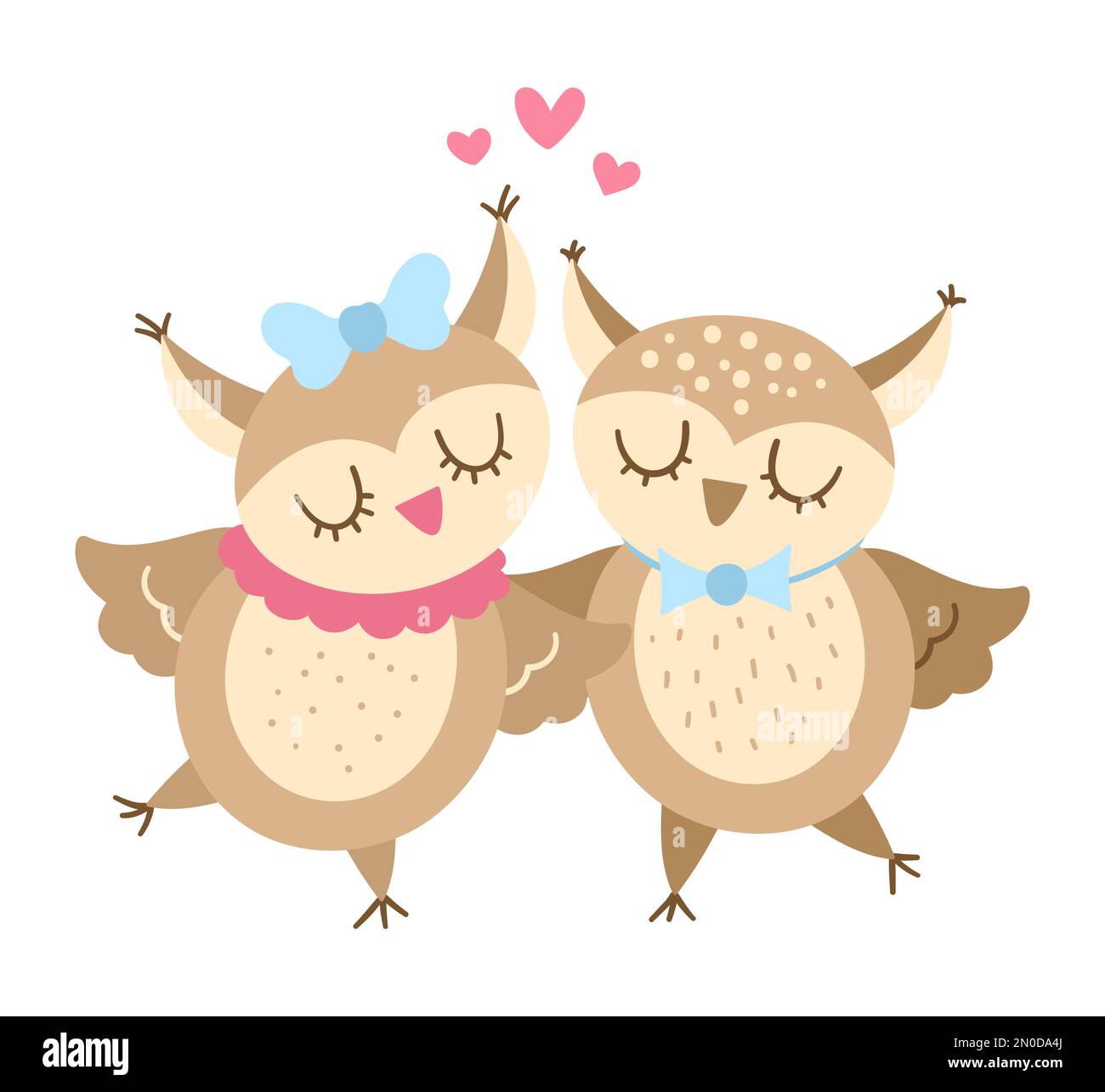 Paire de chouettes vectorielles. Illustration d'un couple aimant. Relation d'amour ou concept de famille. Oiseaux romantiques isolés sur fond blanc. Saint Valentin drôle Illustration de Vecteur