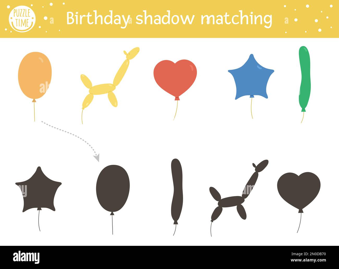 Activité de mise en correspondance des ombres d'anniversaire pour les enfants. Puzzle amusant avec des ballons mignons de différentes formes. Fête des fêtes jeu éducatif pour les enfants. Rechercher Illustration de Vecteur