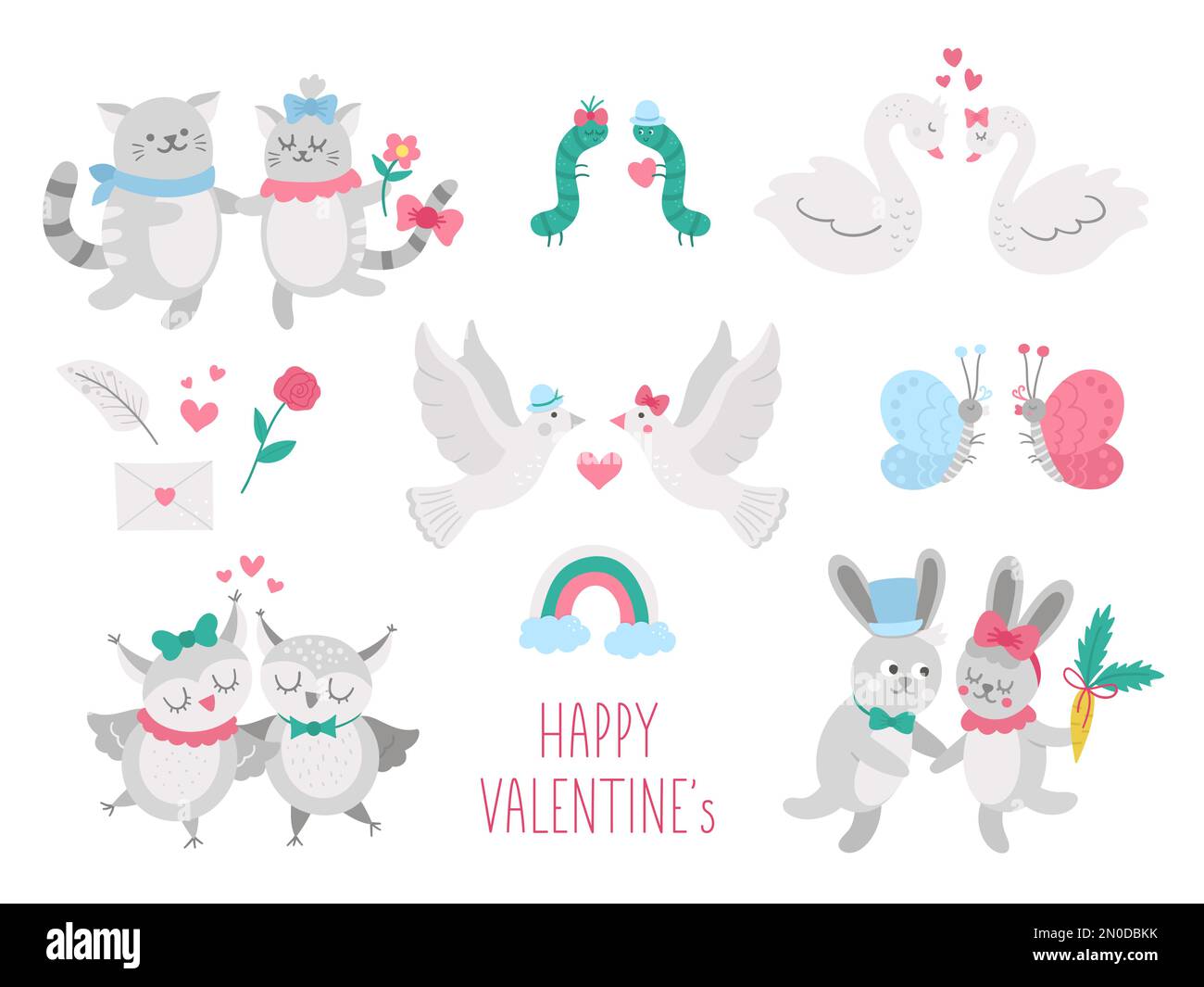 Collection vectorielle de paires d'animaux mignons. Illustration de couples amoureux. Ensemble de concepts de relation d'amour ou de famille. Des cygnes embrassants, des chats, des lapins, des hiboux, dov Illustration de Vecteur