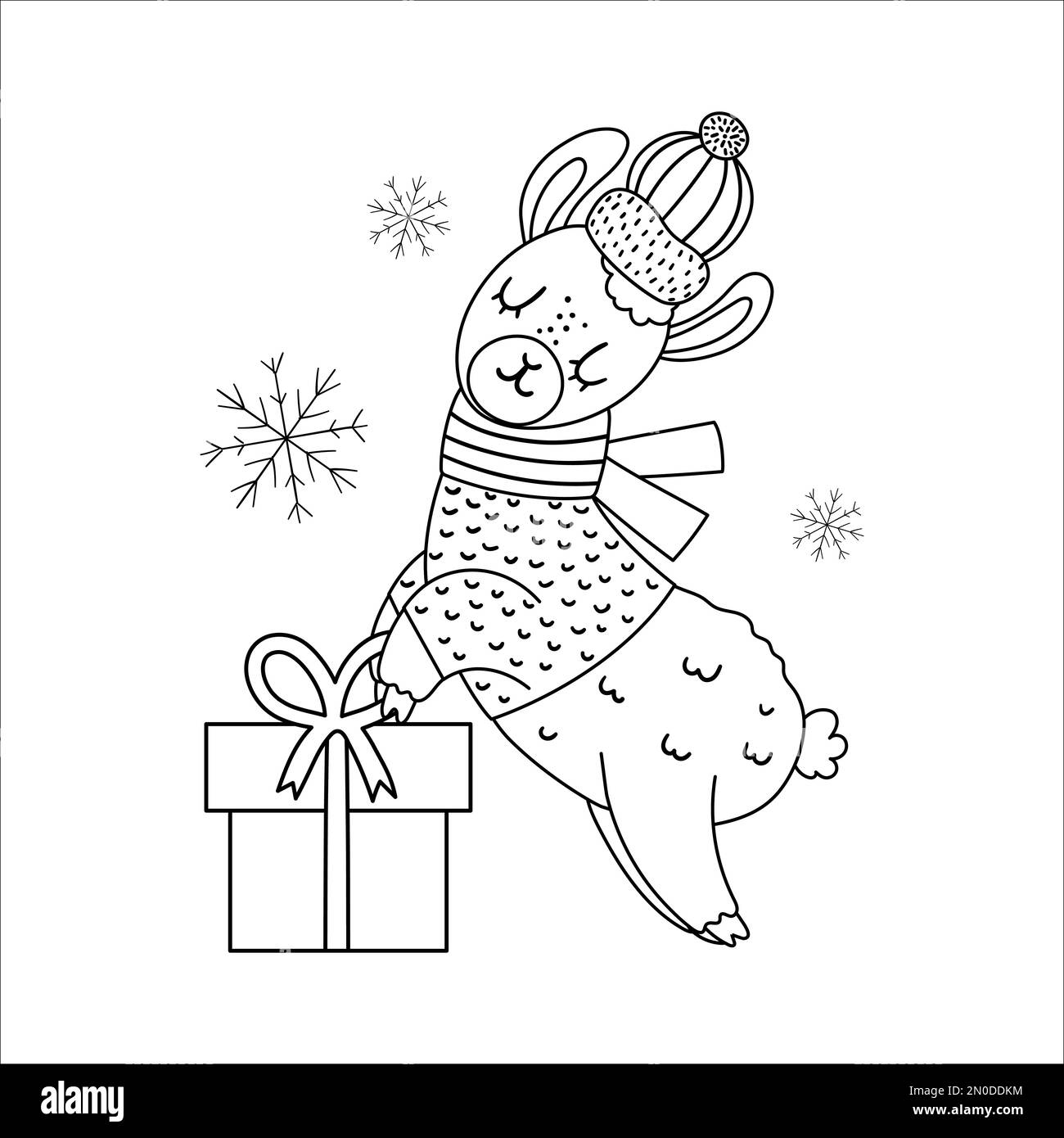 Lama noir et blanc vectoriel en chapeau et foulard avec boîte cadeau et flocons de neige. Jolie ligne d'animal d'hiver avec cadeau dans les mains. Christma drôle Illustration de Vecteur