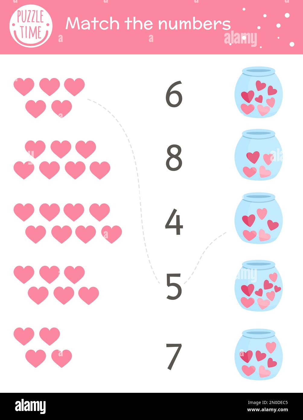 Saint-Valentin jeu assorti avec coeurs dans un pot. Activité de mathématiques des fêtes pour les enfants d'âge préscolaire. Travail de comptage imprimable sur le thème de l'amour éducatif Illustration de Vecteur