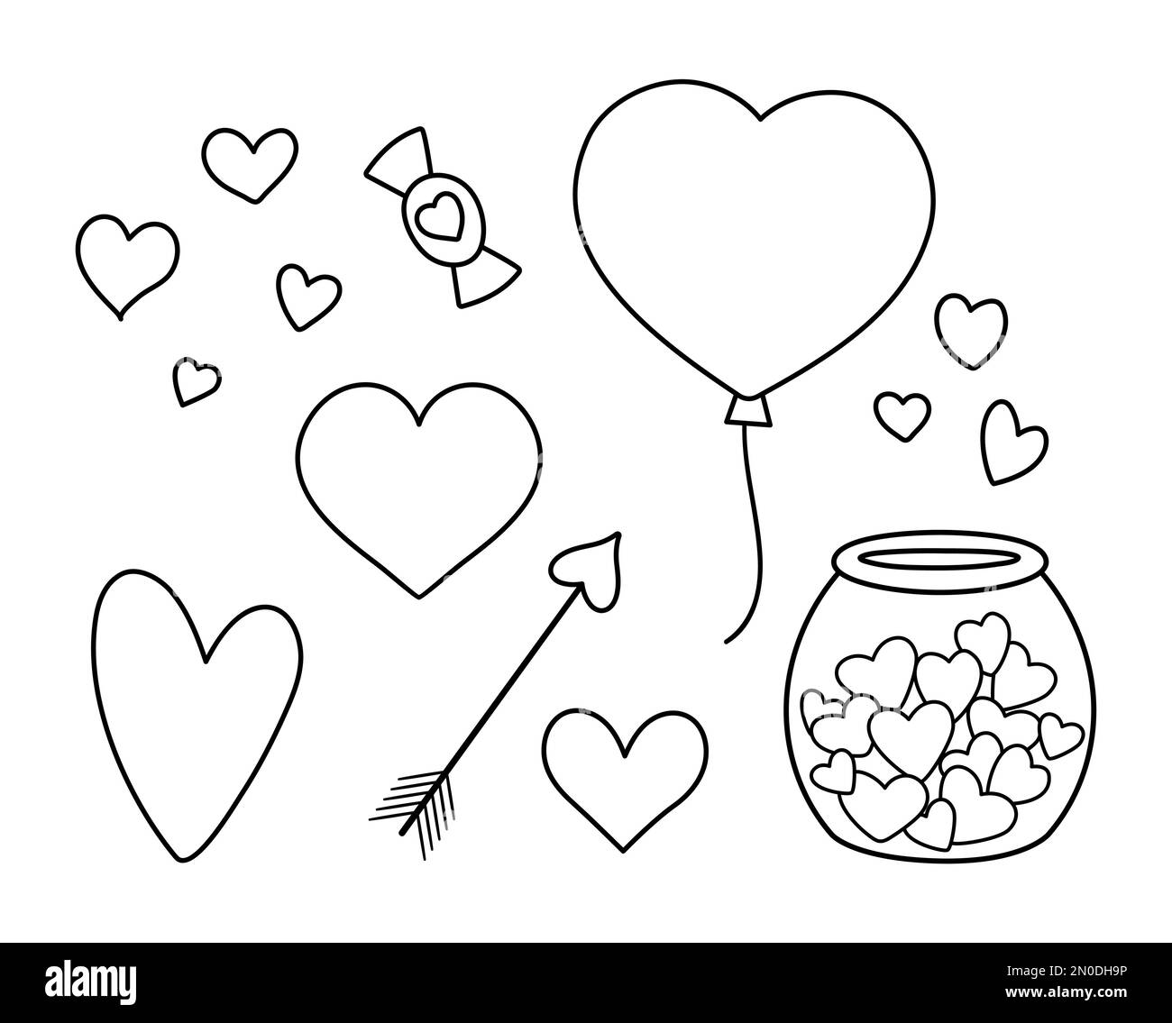 Ensemble noir et blanc vectoriel avec coeurs. Adorable ballon en forme de coeur, flèche, doux, pot avec bonbons isolés sur fond blanc. Saint Valentin ludique Illustration de Vecteur