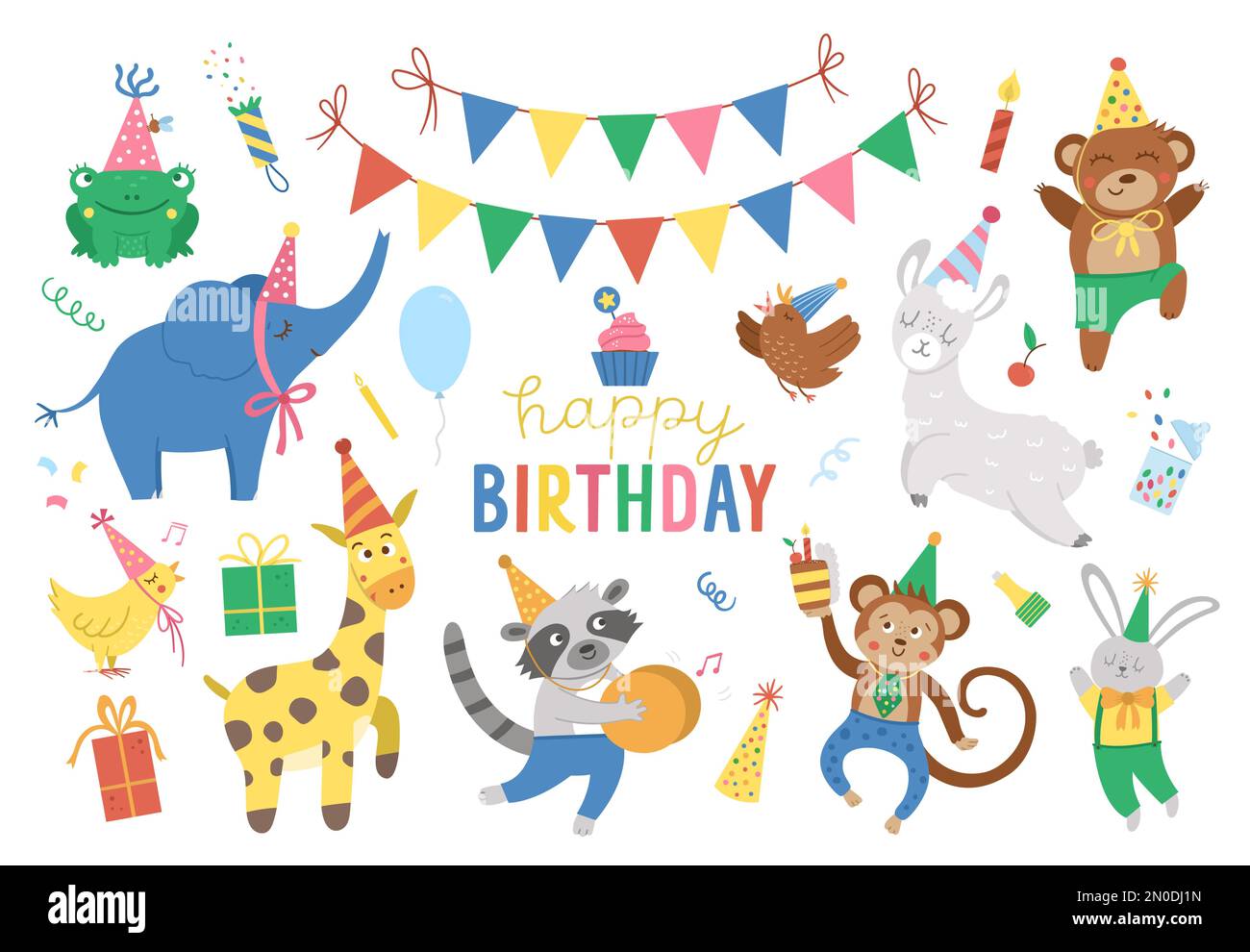 Ensemble d'animaux gaies dans des chapeaux de fête. Collection de fêtes d'anniversaire. Coffret de vacances Vector avec cadeau lumineux, gâteau avec bougies, Illustration de Vecteur