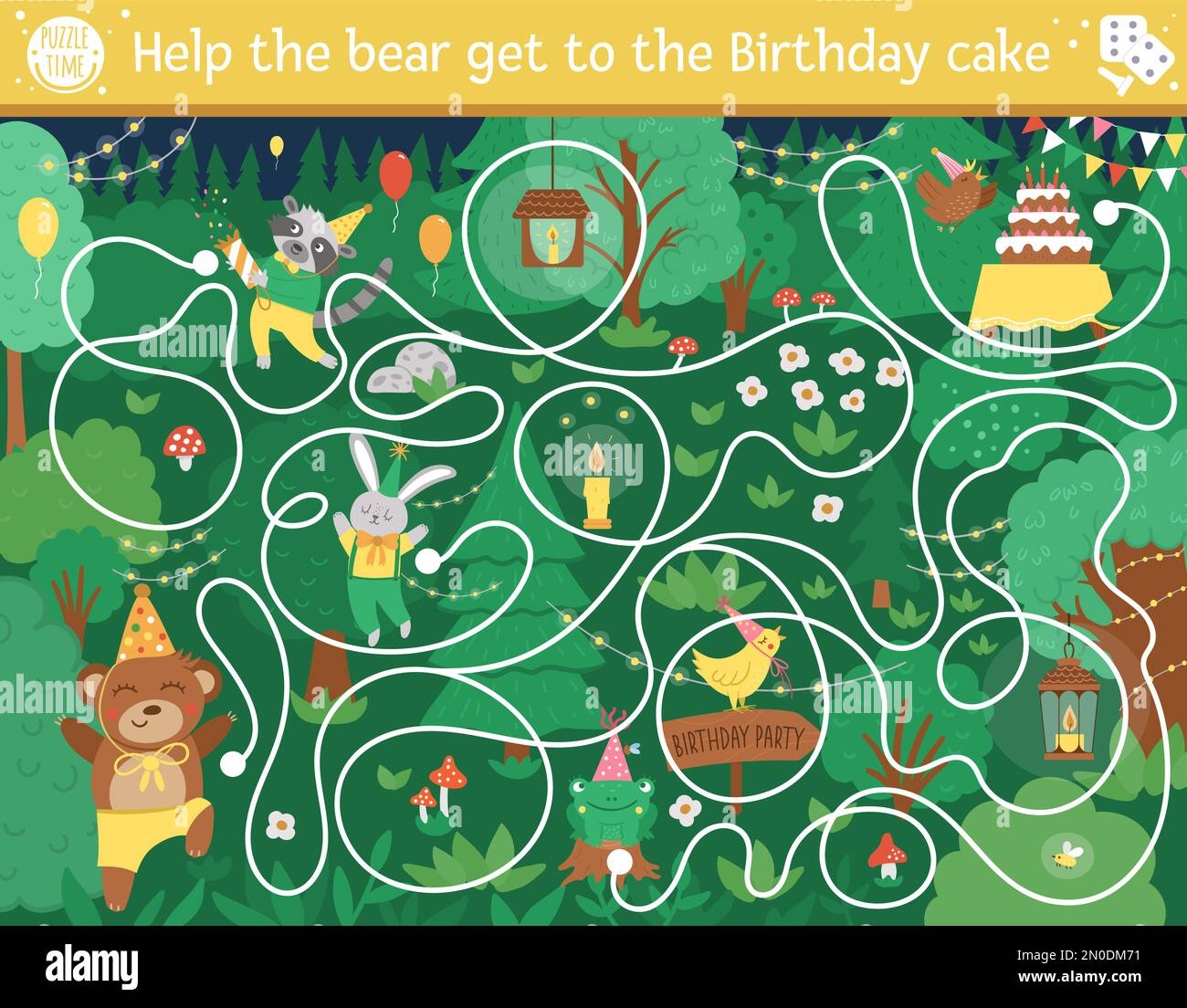 Labyrinthe de fête surprise d'anniversaire pour les enfants. Activité éducative imprimable pour les fêtes d'âge préscolaire. Puzzle amusant avec un adorable animal de bois. Aide l'ours à obtenir Illustration de Vecteur