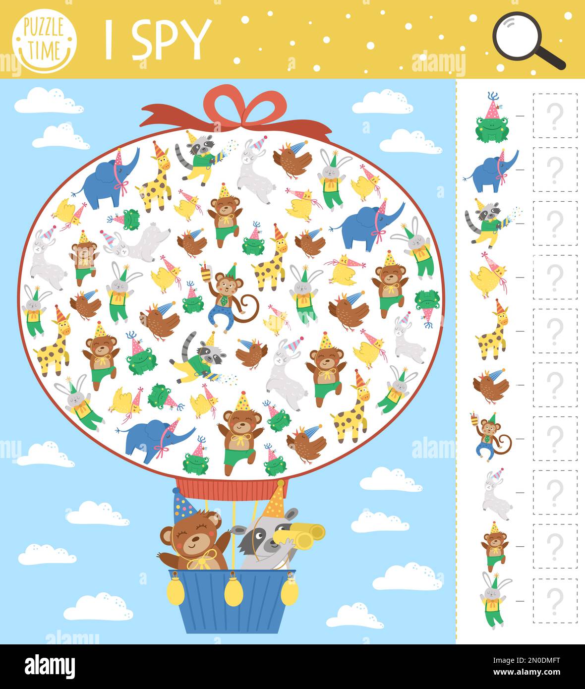 Anniversaire Je Jeu D Espion Pour Les Enfants Activites De Recherche Et De Comptage Pour Les Enfants D Age Prescolaire Avec Des Animaux Mignons Volant En Montgolfiere Drole De Fete Printabl Image Vectorielle Stock