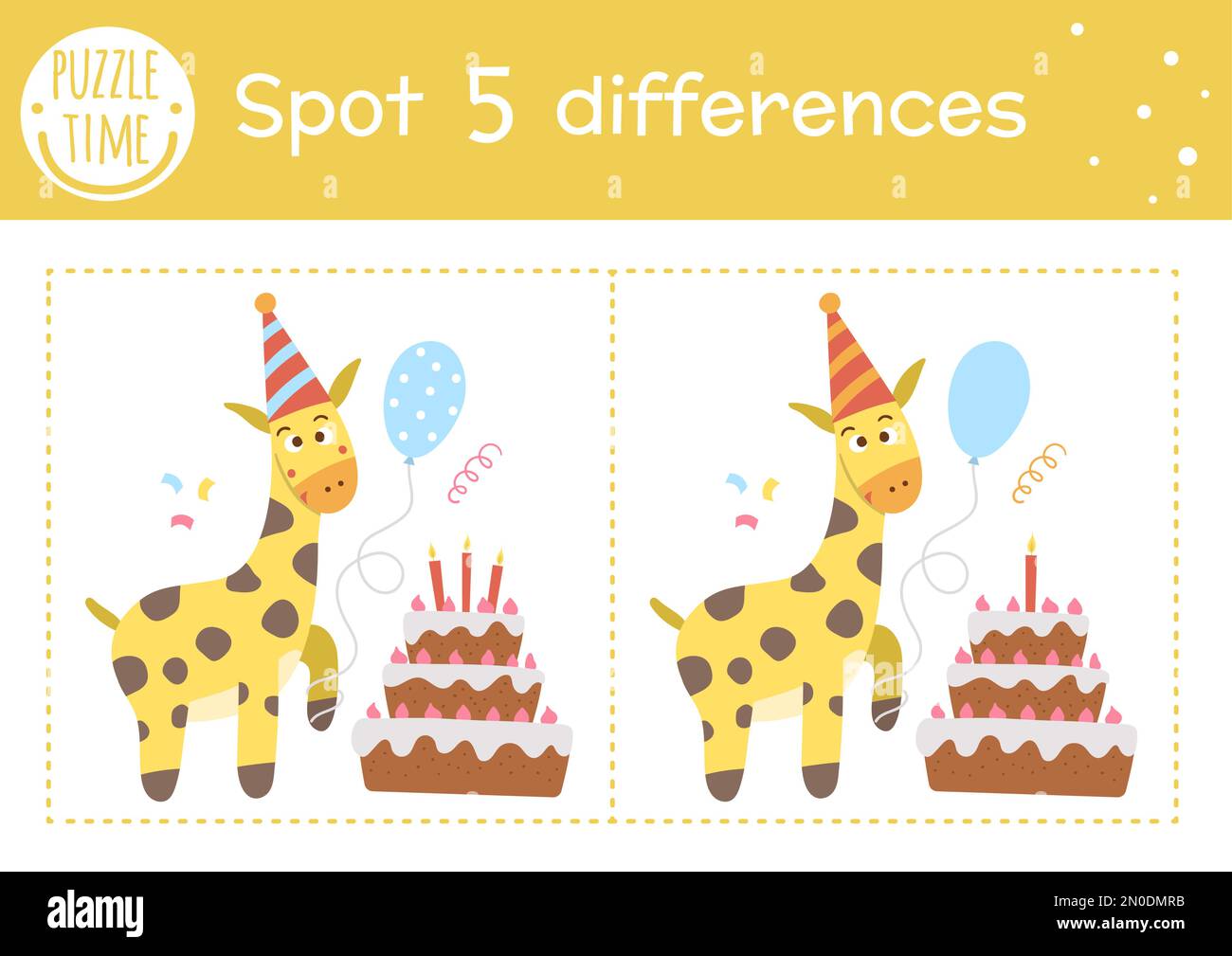 Fête d'anniversaire trouver jeu de différences pour les enfants. Activités éducatives de vacances avec girafe drôle avec gâteau et ballon. Feuille de travail imprimable avec smi Illustration de Vecteur