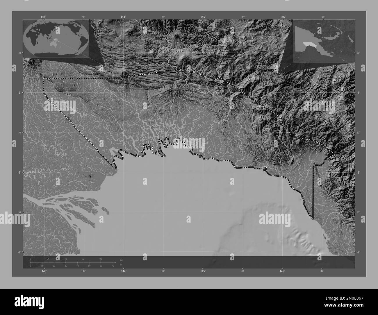 Golfe, province de Papouasie-Nouvelle-Guinée. Carte d'altitude à deux niveaux avec lacs et rivières. Cartes d'emplacement auxiliaire d'angle Banque D'Images
