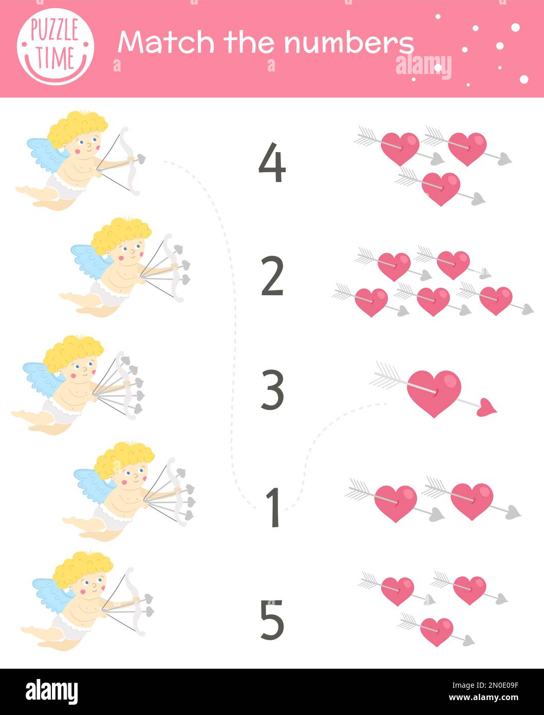 Saint Valentin jeu assorti avec cupid et coeurs. Activité de mathématiques des fêtes pour les enfants d'âge préscolaire. Travail de comptage imprimable sur le thème de l'amour éducatif Illustration de Vecteur