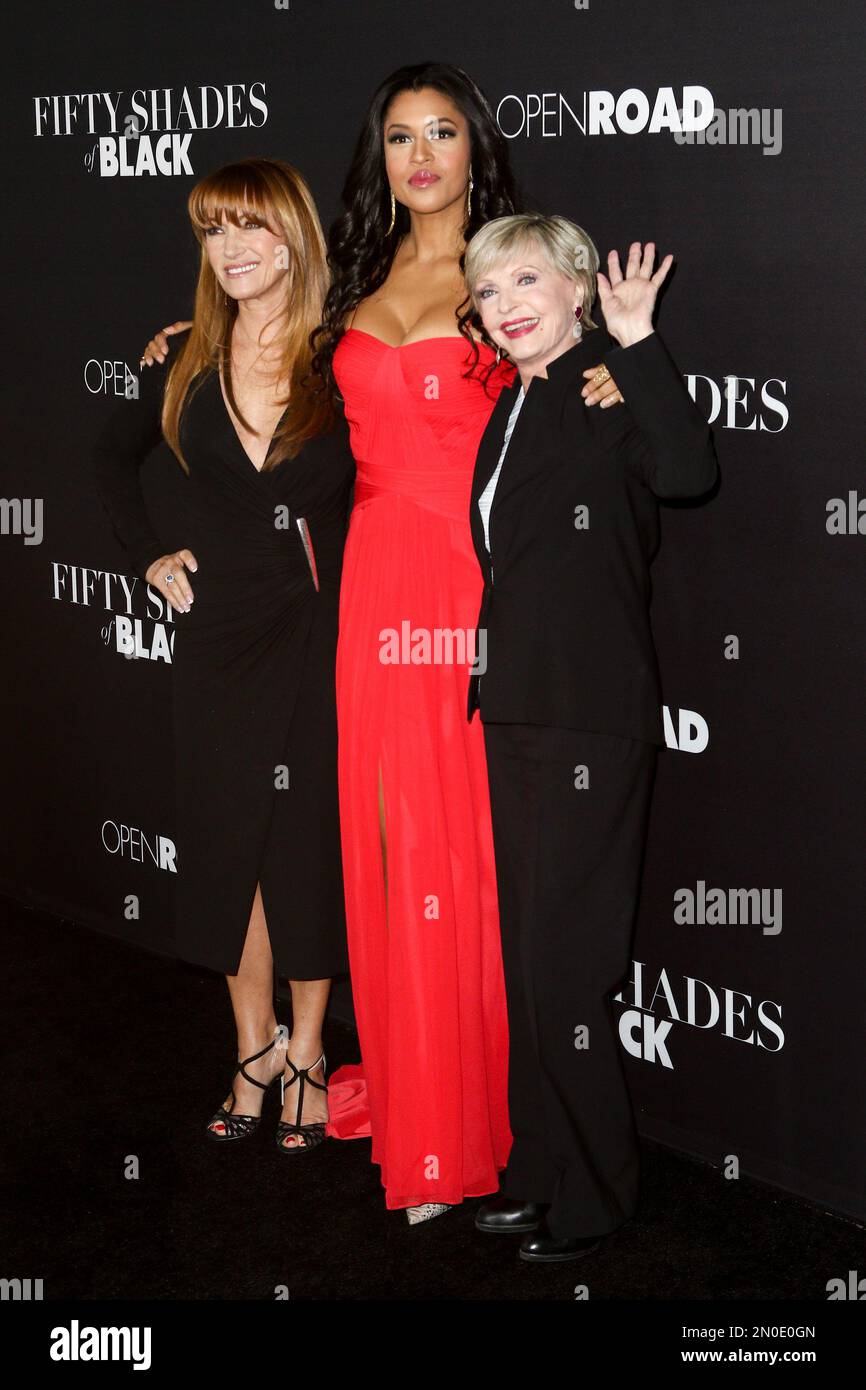 Jane Seymour, from left, Kali Hawk and Florence Henderson attend the LA Premiere of "50 Shades of Black" held at Regal L.A. Live on Tuesday, Jan. 26, 2016, in Los Angeles. (Photo by John Salangsang/Invision/AP) Banque D'Images