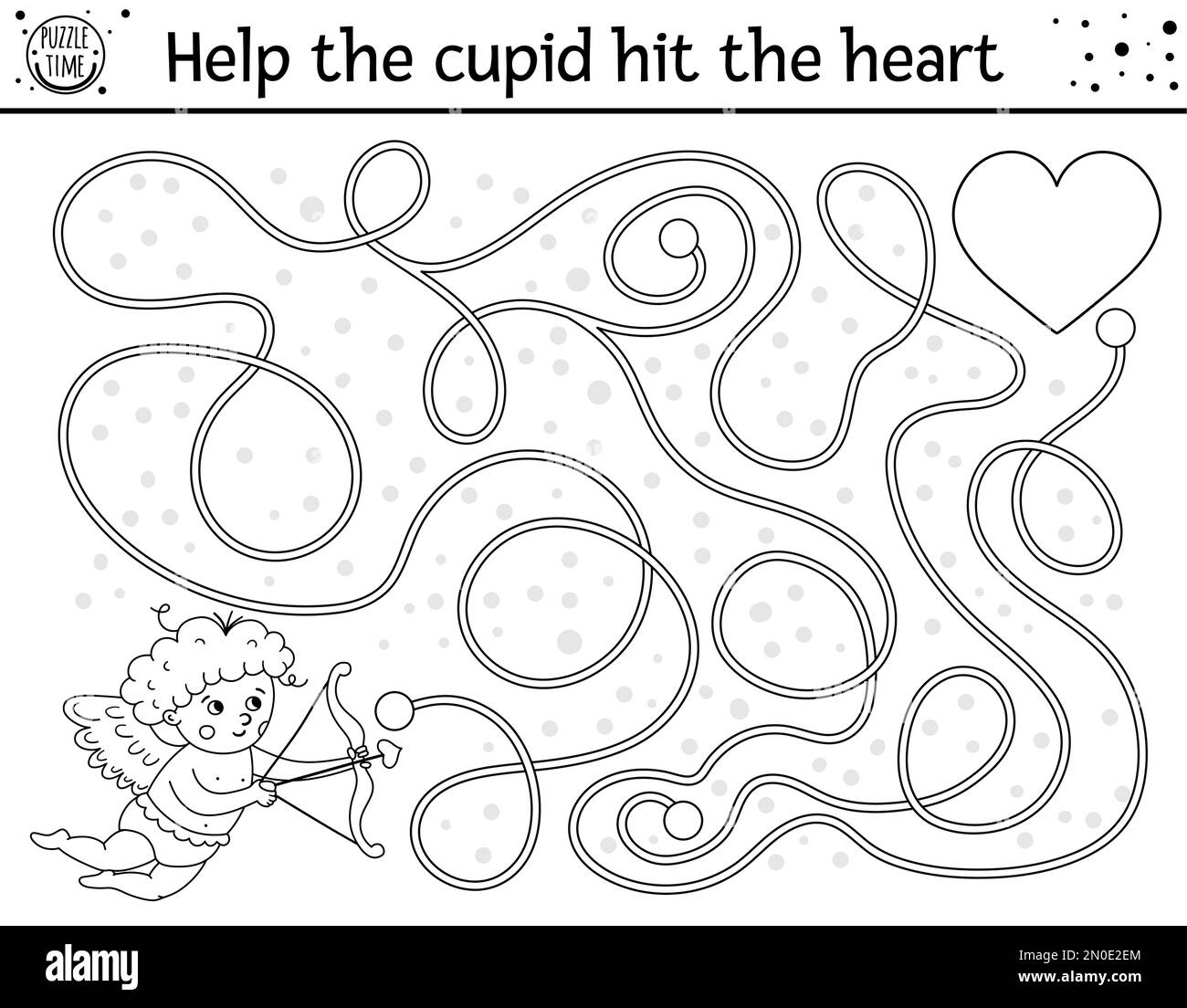 Saint Valentin labyrinthe noir et blanc pour les enfants. Activité imprimable pour les fêtes de fin d'année. Jeu amusant avec un garçon mignon. Puzzle romantique ou pag à colorier Illustration de Vecteur