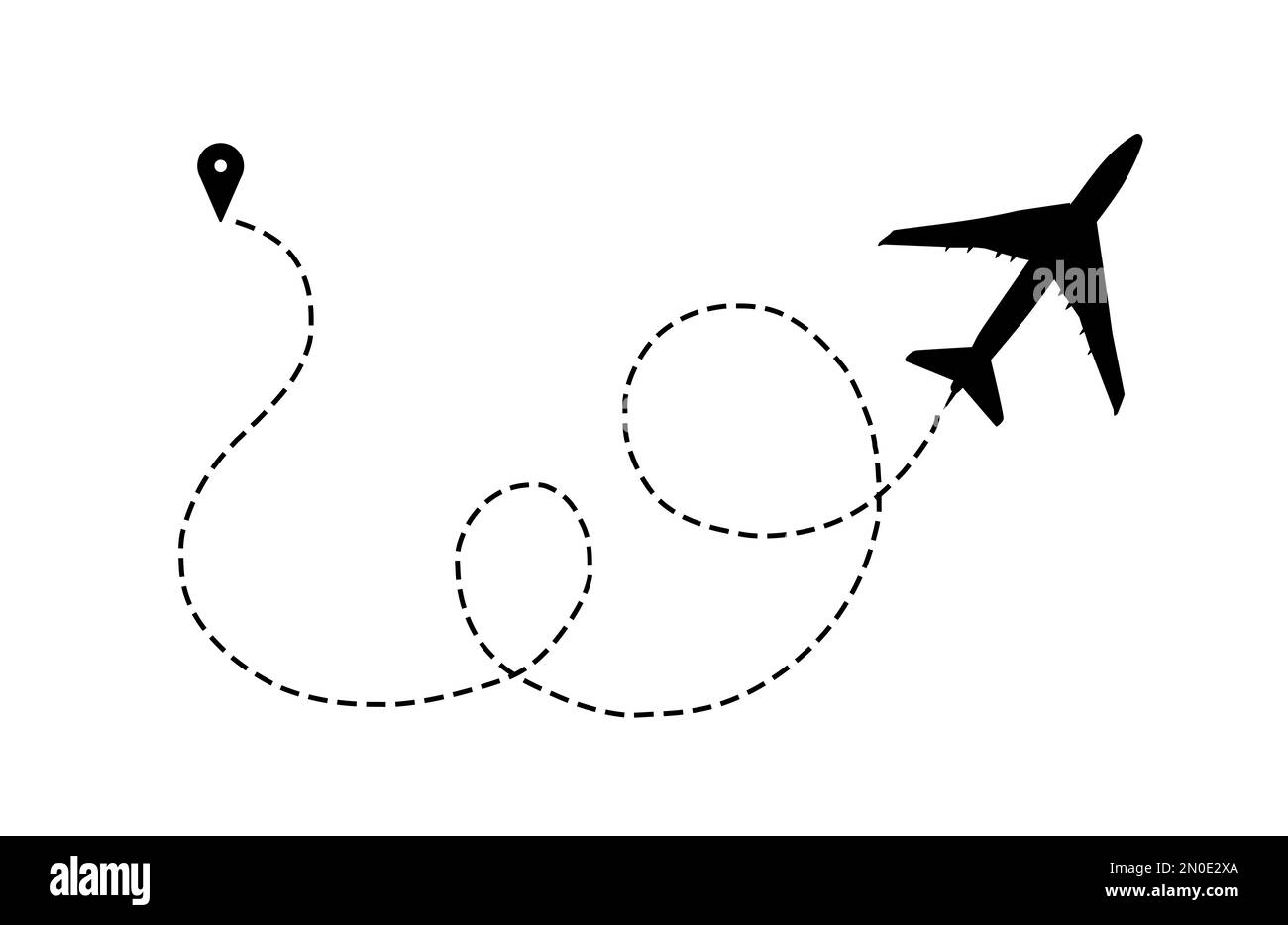 Illustration du sens de vol. Silhouette de plan et broche connectées par une ligne pointillée sur fond blanc Banque D'Images