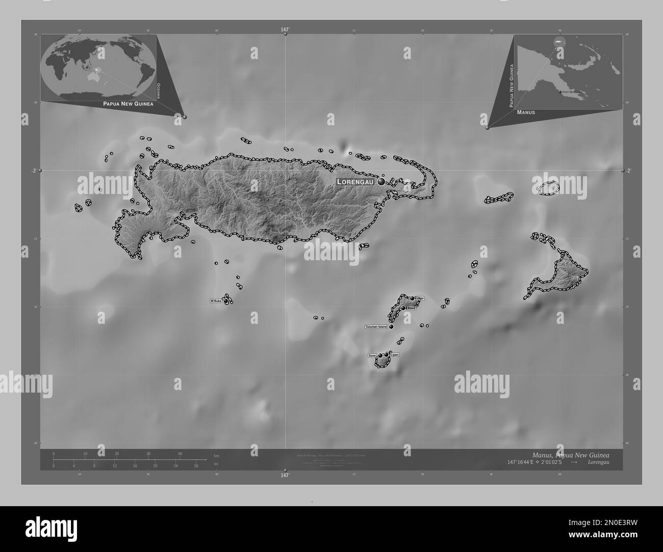 Manus, province de Papouasie-Nouvelle-Guinée. Carte d'altitude en niveaux de gris avec lacs et rivières. Lieux et noms des principales villes de la région. Auxiliaire d'angle Banque D'Images