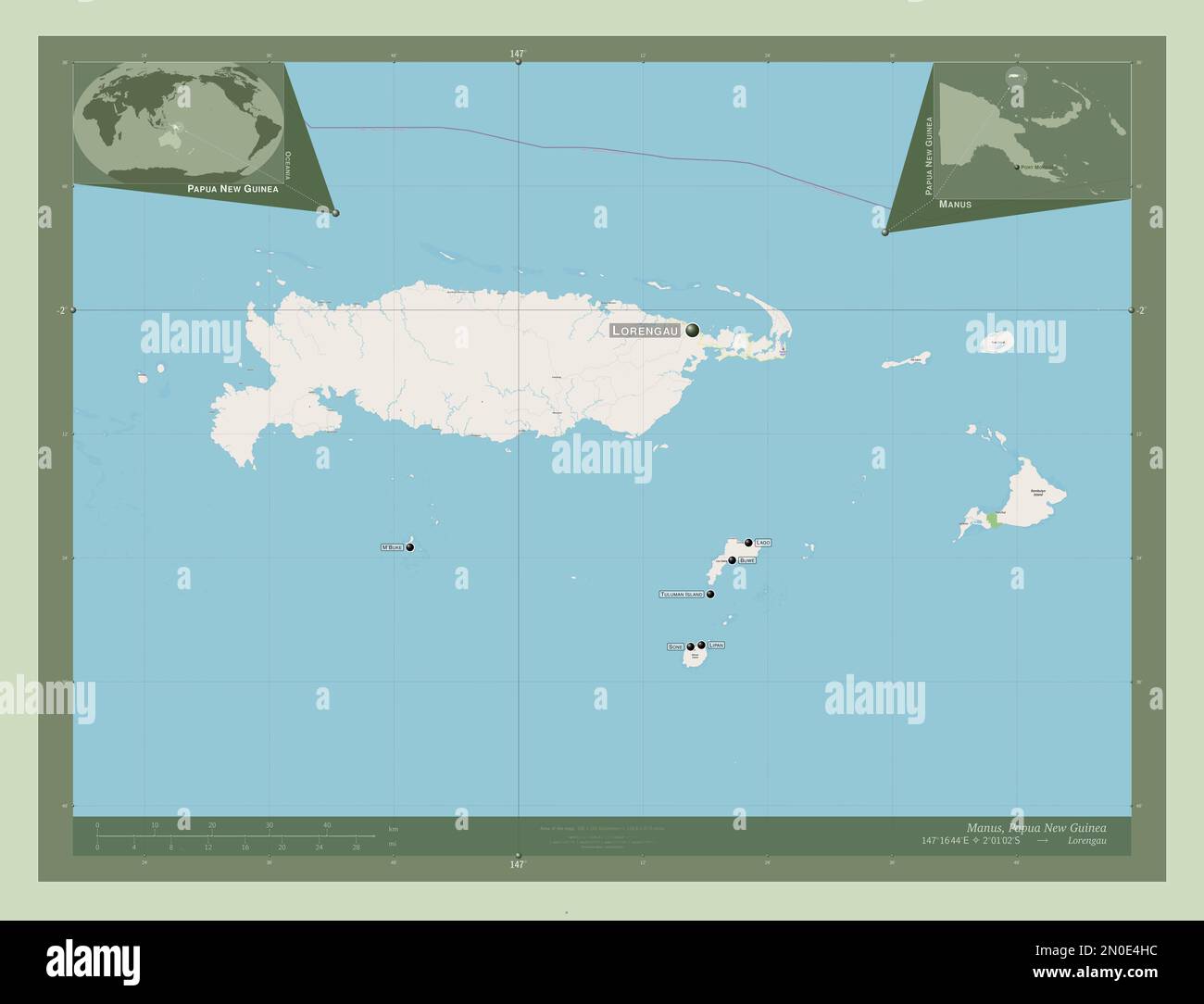 Manus, province de Papouasie-Nouvelle-Guinée. Ouvrez la carte des rues. Lieux et noms des principales villes de la région. Cartes d'emplacement auxiliaire d'angle Banque D'Images