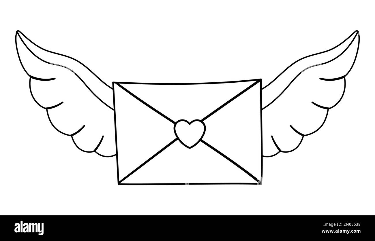 Lettre noire et blanche vectorielle scellée avec coeur et ailes écartées. Symbole de la Saint-Valentin. Élément de poste drôle avec l'amour concept isolé sur blanc Illustration de Vecteur