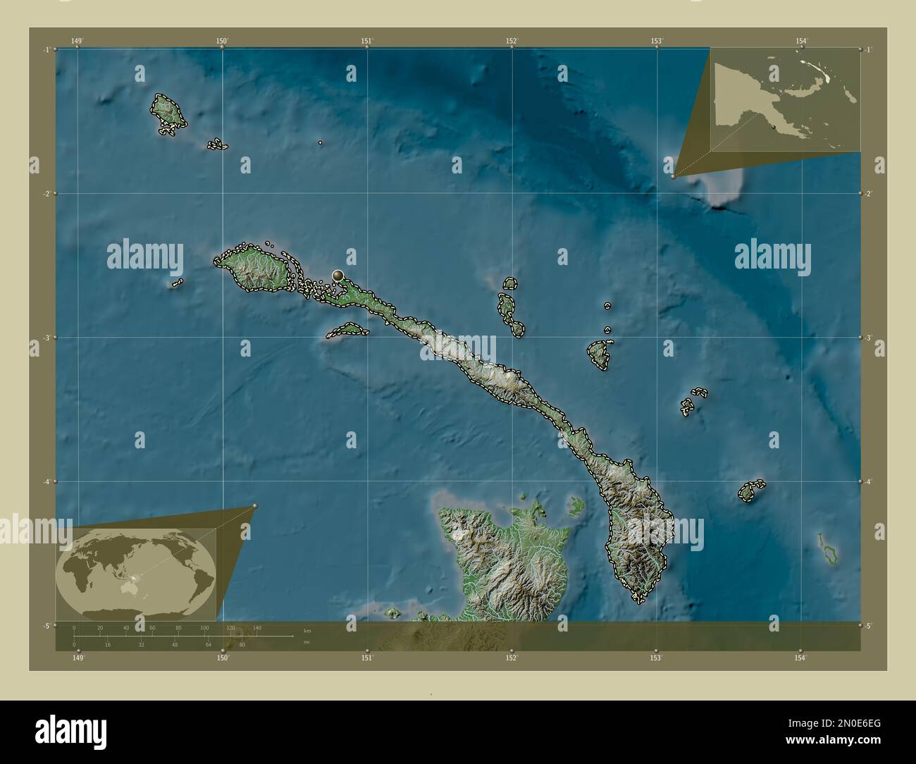 Nouvelle-Irlande, province de Papouasie-Nouvelle-Guinée. Carte d'altitude colorée en style wiki avec lacs et rivières. Cartes d'emplacement auxiliaire d'angle Banque D'Images
