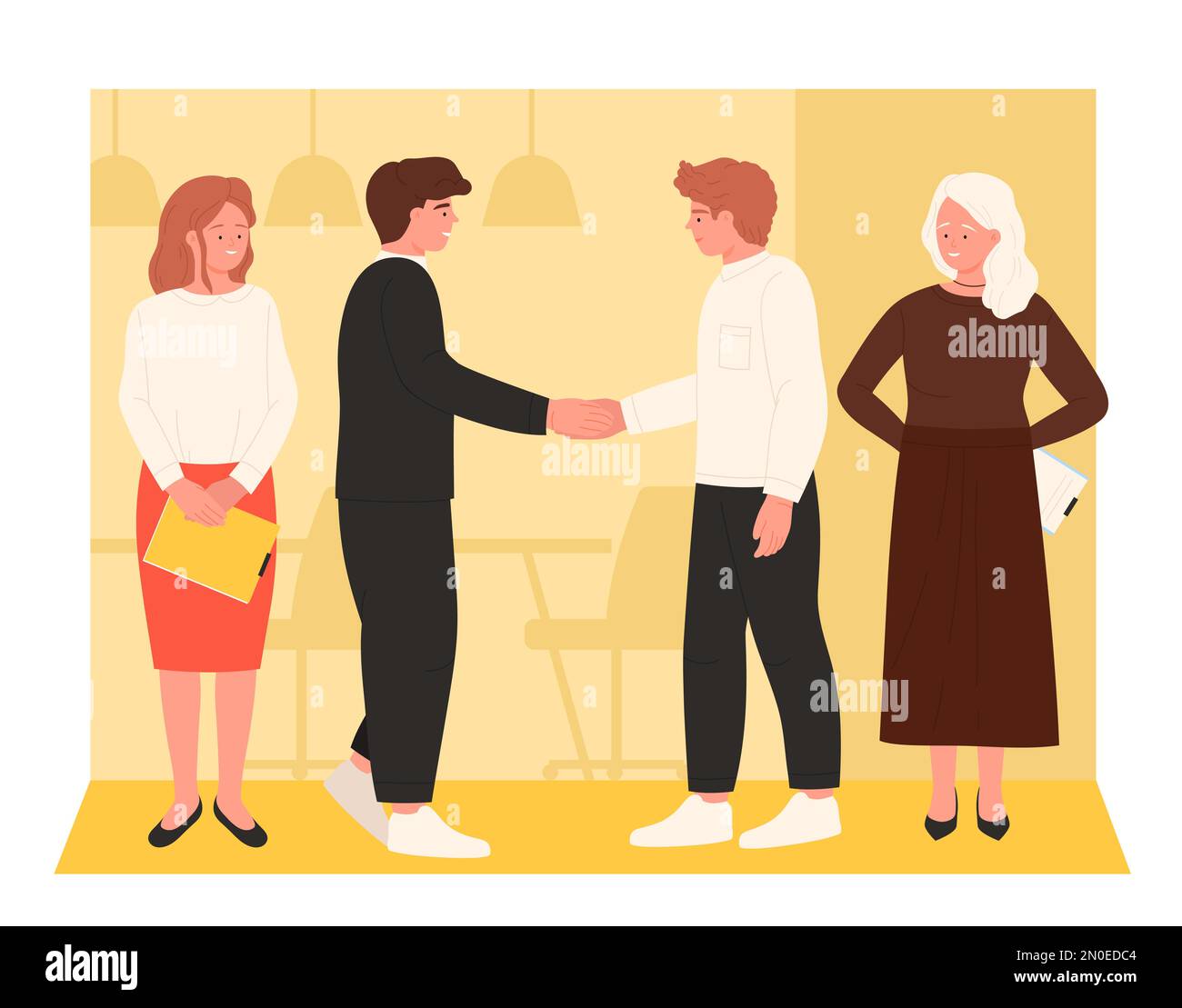 Prise de contact des professionnels sur l'illustration vectorielle de la réunion. Caricature deux personnages satisfaits des employés de bureau se secouent la main avec gratitude, groupe d'entrepreneurs ou gestionnaires debout sur le lieu de travail Illustration de Vecteur