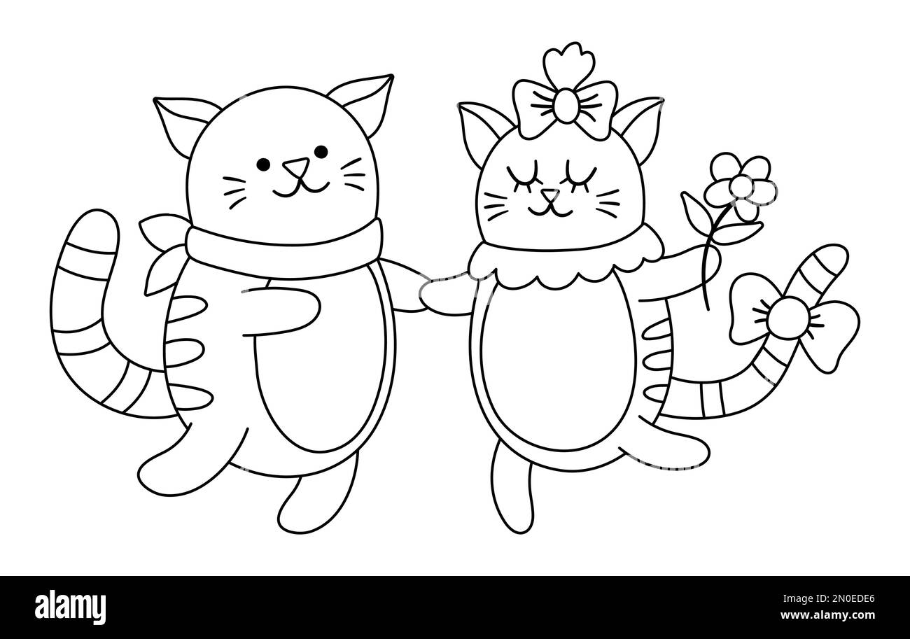 Vecteur mignon chat noir et blanc paire. Illustration d'un couple d'animaux amoureux. Relation d'amour ou concept de famille. Chatons embrassants isolés sur fond blanc Illustration de Vecteur