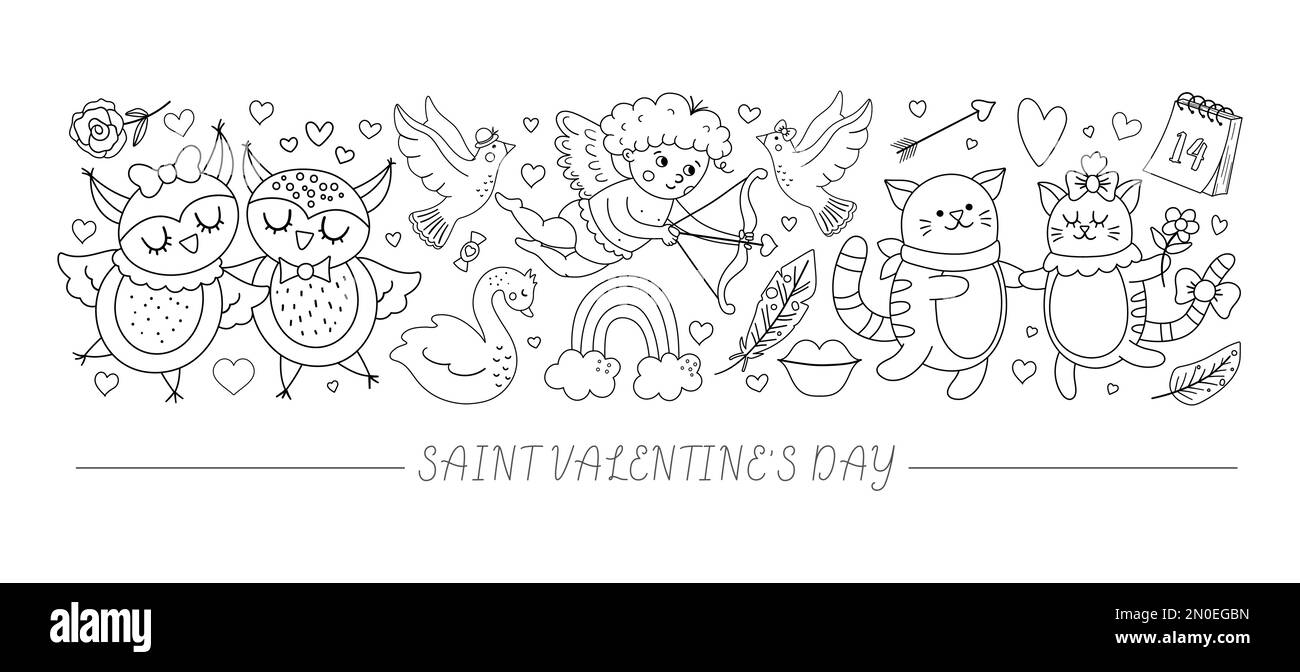 Ensemble horizontal noir et blanc vectoriel avec caractères et éléments plats de la Saint-Valentin. Modèle de carte avec ligne cupid, animaux drôles, entendre Illustration de Vecteur