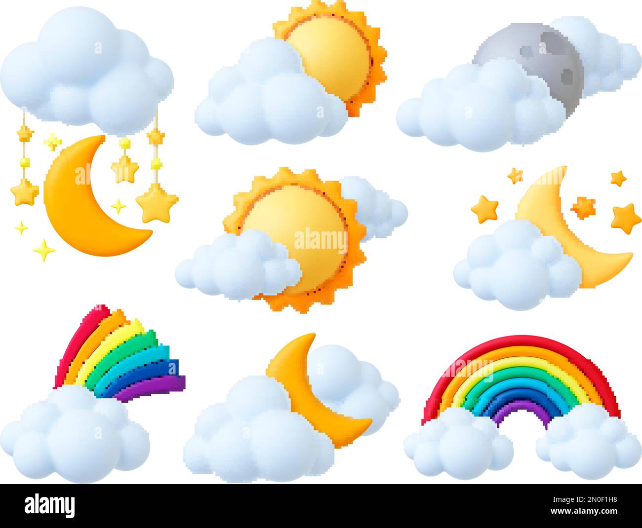 Caricature 3D éléments météo. Lune de soleil et étoiles, arc-en-ciel et nuages moelleux. Objets de la nature en plastique, conception de style de rendu. Nuit matin pithy vecteur Illustration de Vecteur