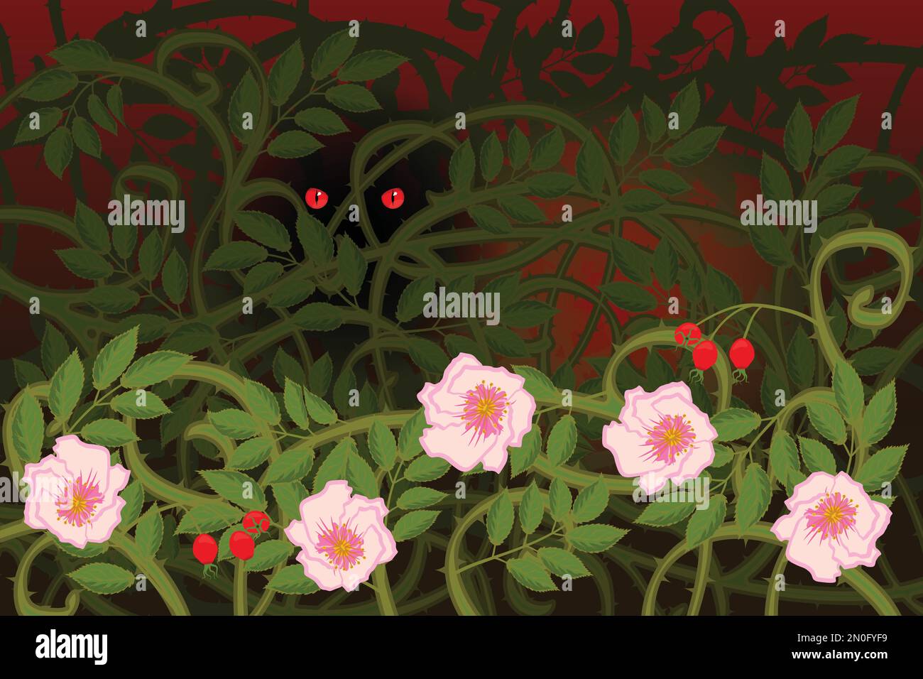Yeux rouges d'un prédateur qui se cache dans les épaississants des hanches de rose sauvages Illustration de Vecteur