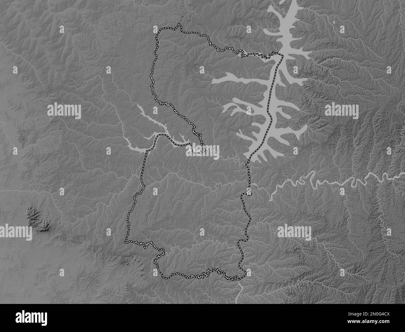 Alto Parana, département du Paraguay. Carte d'altitude en niveaux de gris avec lacs et rivières Banque D'Images