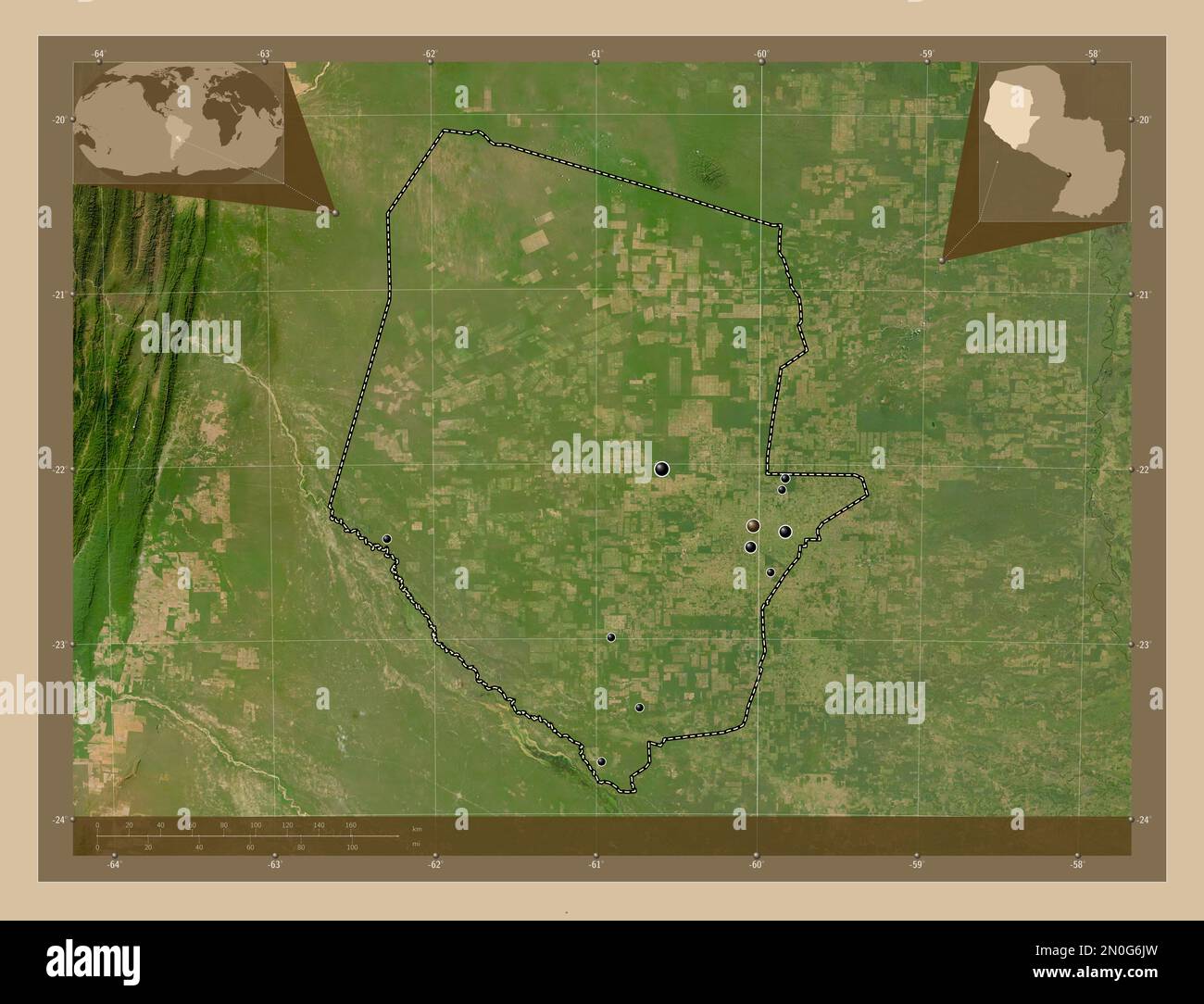 Boqueron, département du Paraguay. Carte satellite basse résolution. Lieux des principales villes de la région. Cartes d'emplacement auxiliaire d'angle Banque D'Images