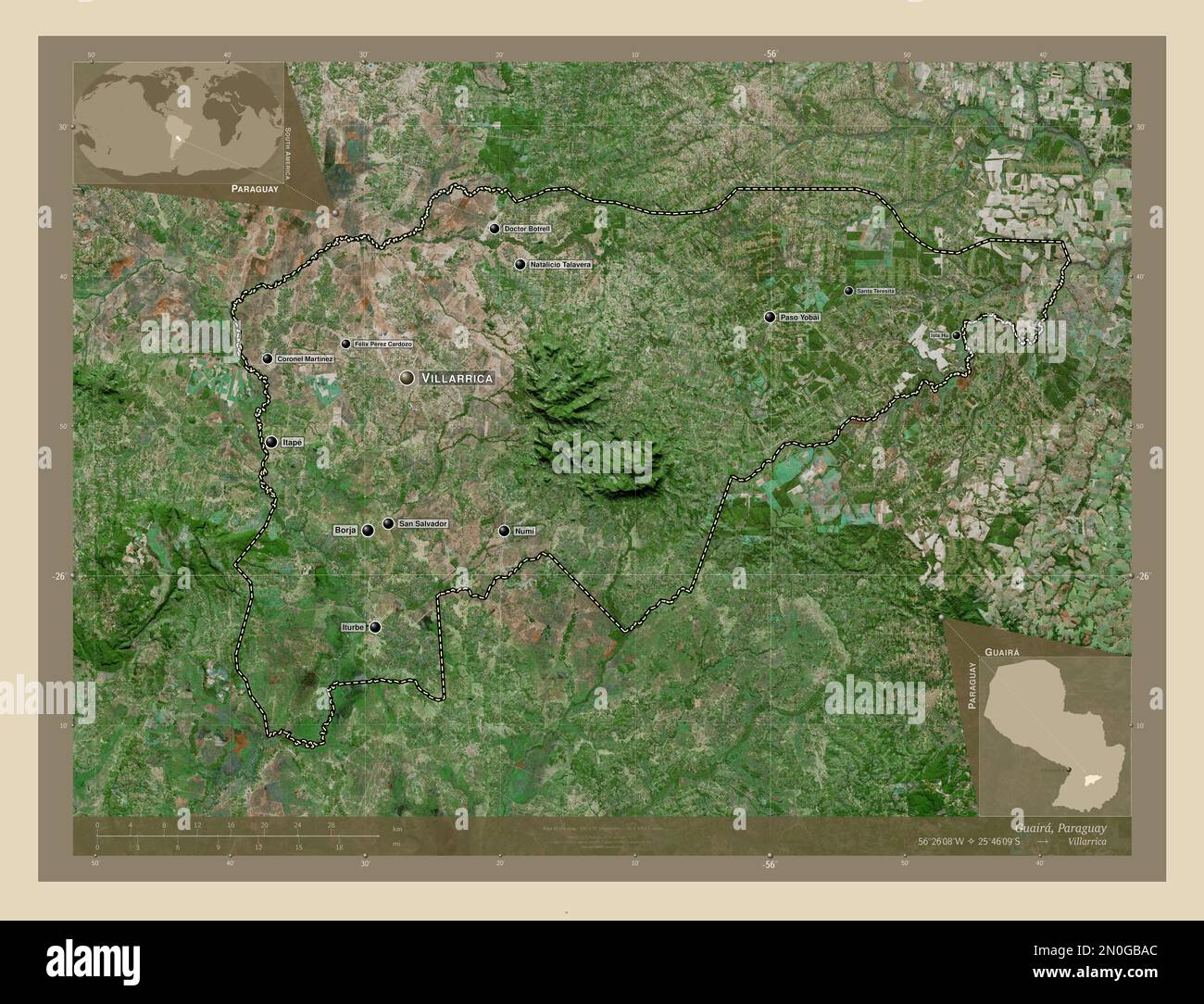 Guaira, département du Paraguay. Carte satellite haute résolution. Lieux et noms des principales villes de la région. Cartes d'emplacement auxiliaire d'angle Banque D'Images