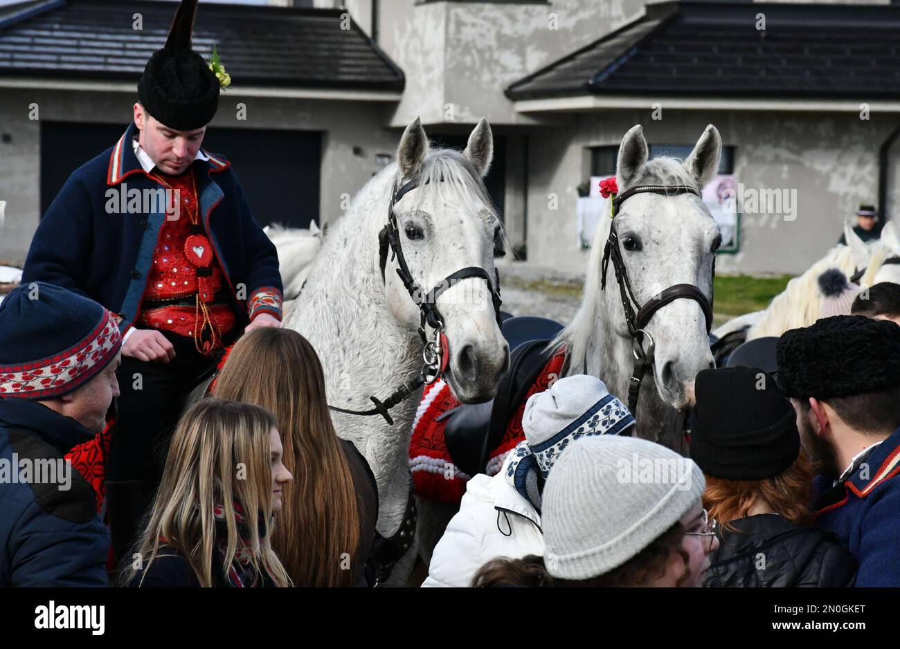 Les propriétaires et éleveurs de chevaux Lipizzan vêtus d'une tenue traditionnelle participent à l'équitation du Carnaval, dans le village d'Oprisavci près de Brod Slavonski, dans le comté de Brod-Postavina, en Croatie, sur 05 février 2023. Photo: Ivica Galovic/PIXSELL Banque D'Images