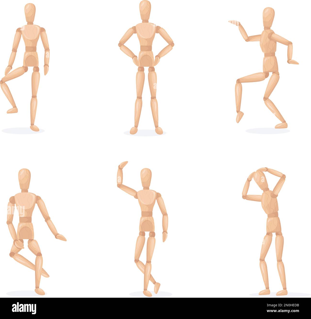 Pose d'homme en bois. Jouet mannequin en bois, groupe de personnes statue modèle humain pour art dessin artiste, mannequin de marionnette figure dans différentes poses, sculpture de poupée isolée, illustration vectorielle du corps mannequin figure Illustration de Vecteur