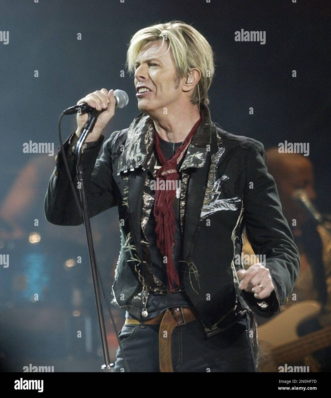 CORRECTS DATE OF DEATH TO SUNDAY, JAN. 10, 2016 - FILE - In this Dec. 15, 2003 file photo, singer/songwriter David Bowie launches his United States leg of his worldwide tour called "A Reality Tour," at Madison Square Garden in New York. Bowie, the innovative and iconic singer whose illustrious career lasted five decades, died Sunday, Jan. 10, 2016, after battling cancer for 18 months. He was 69 (AP Photo/Kathy Willens, File) Banque D'Images
