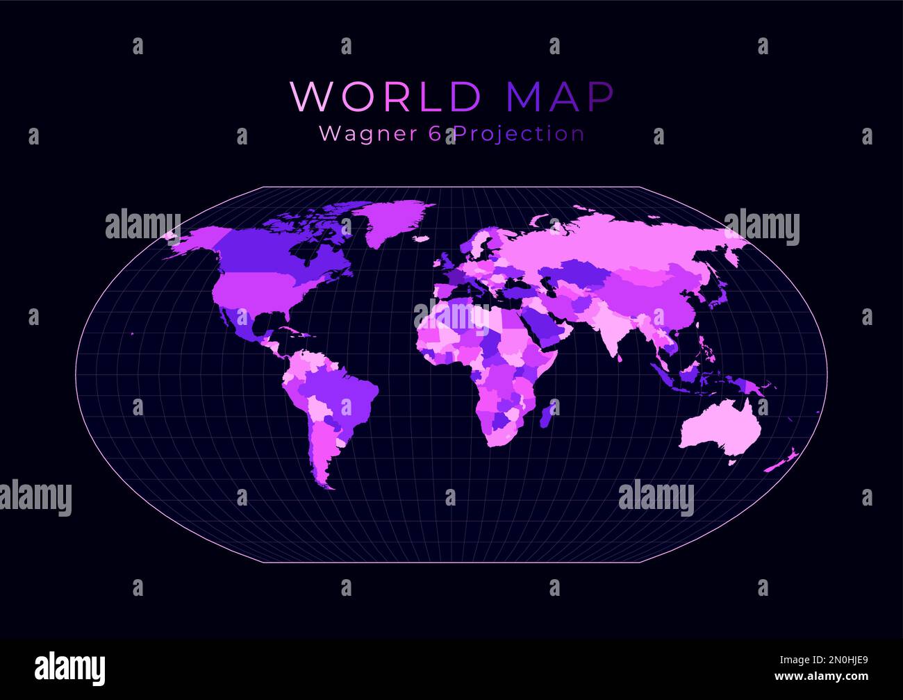 Carte du monde. Wagner VI projection. Illustration du monde numérique. Couleurs néon rose vif sur fond sombre. Illustration vectorielle créative. Illustration de Vecteur