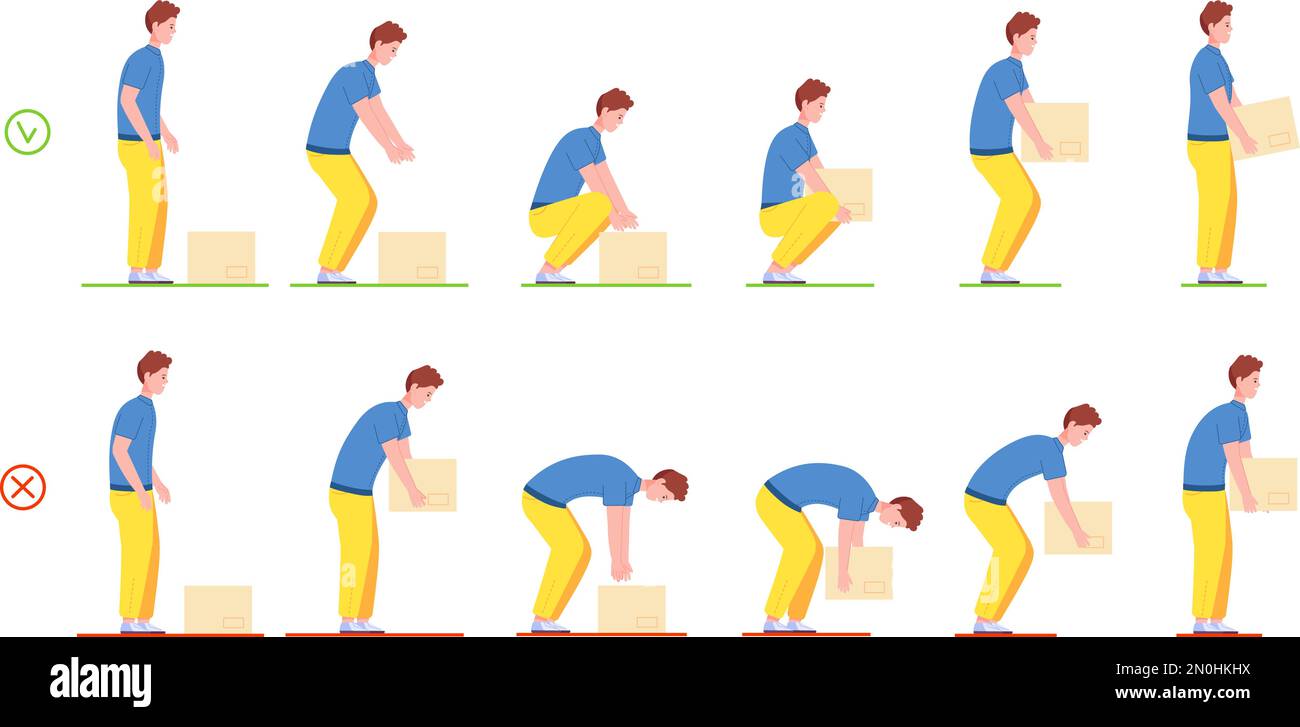 Levage correct. Technique de levage de caisse lourde correcte et incorrecte, bonne posture de chargement pour le déplacement ou le chargement, posture ergonomique de flexion de la benne de sécurité, illustration vectorielle de la benne lourde correcte Illustration de Vecteur