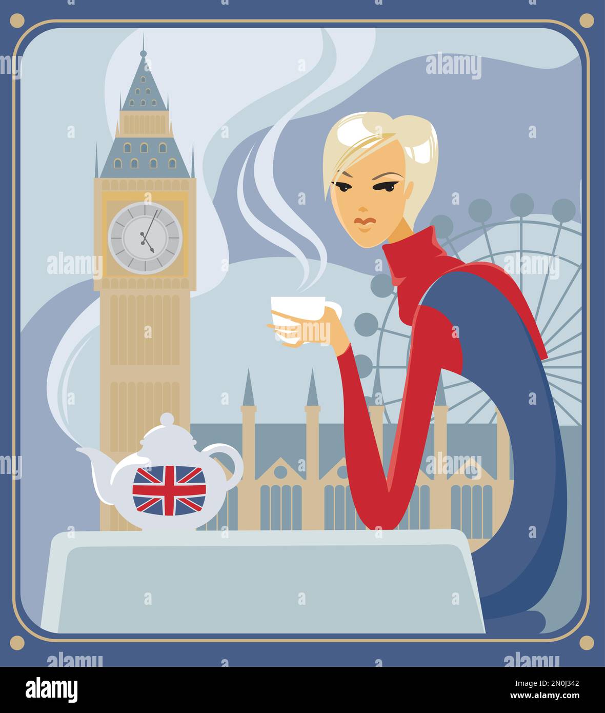 Une jeune fille boit du thé traditionnel britannique à cinq heures à Londres Illustration de Vecteur
