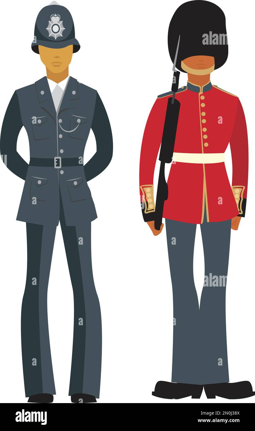 Queen's Guard en uniforme traditionnel guardsman britannique avec chapeau de barbe et illustration vectorielle de policier britannique isolée sur blanc. Illustration de Vecteur