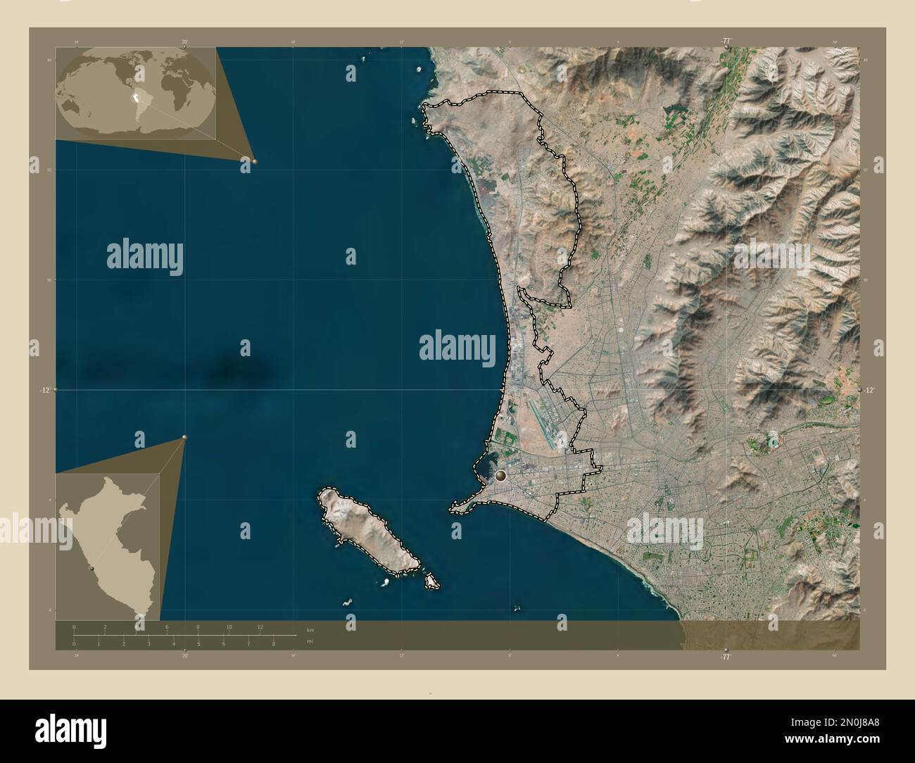 Callao, province du Pérou. Carte satellite haute résolution. Cartes d'emplacement auxiliaire d'angle Banque D'Images