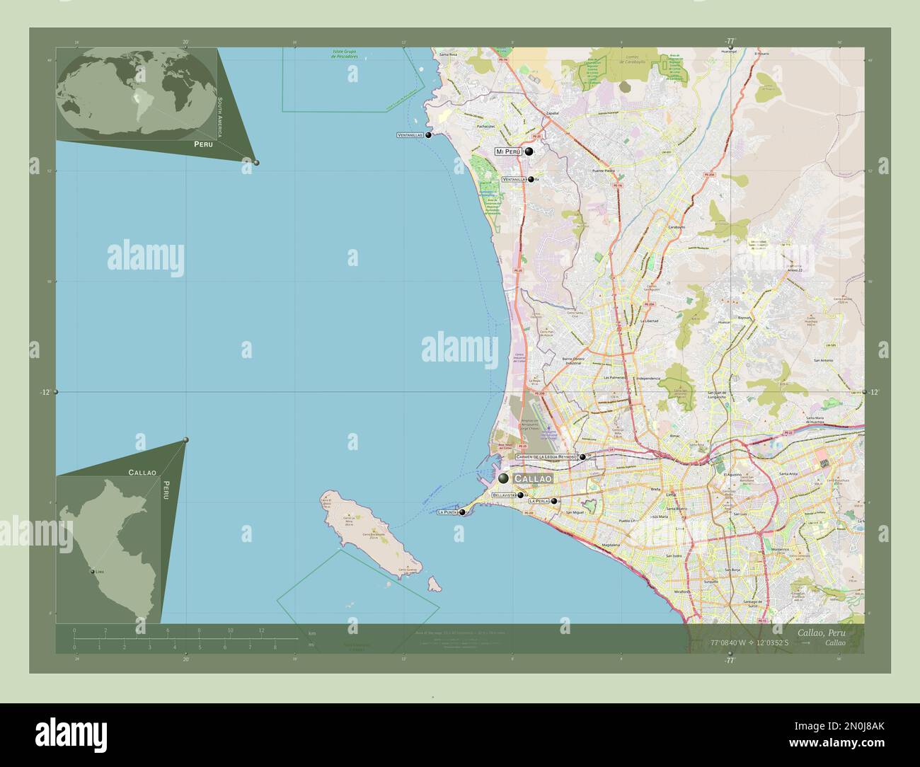 Callao, province du Pérou. Ouvrez la carte des rues. Lieux et noms des principales villes de la région. Cartes d'emplacement auxiliaire d'angle Banque D'Images