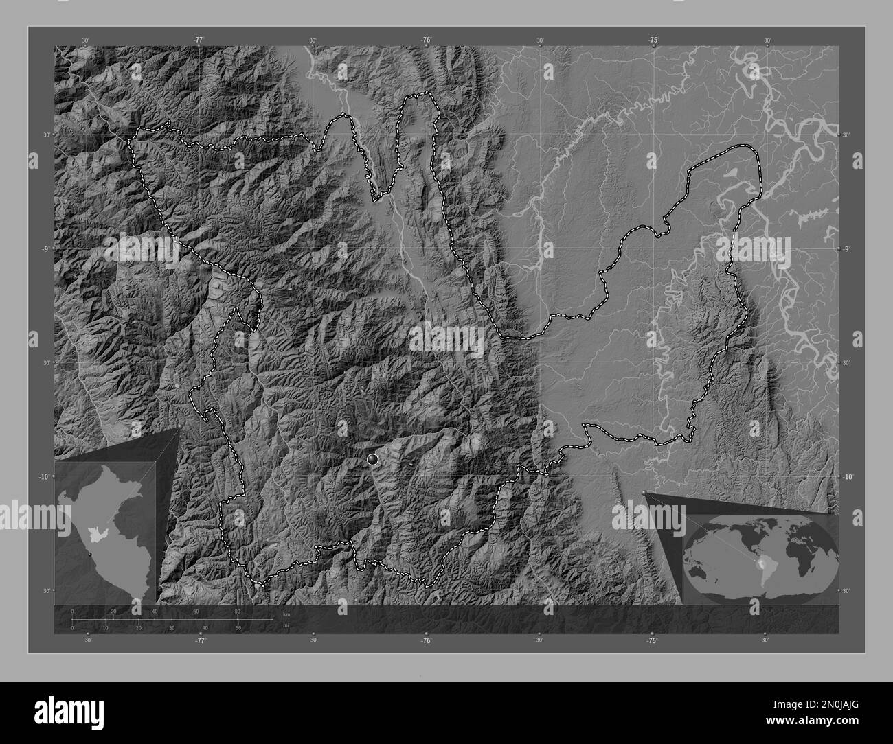 Huanuco, région du Pérou. Carte d'altitude à deux niveaux avec lacs et rivières. Cartes d'emplacement auxiliaire d'angle Banque D'Images