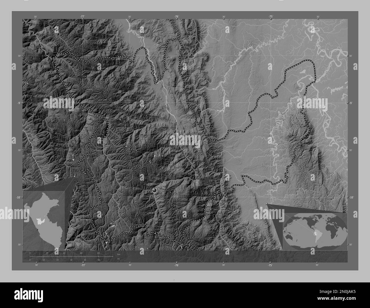 Huanuco, région du Pérou. Carte d'altitude en niveaux de gris avec lacs et rivières. Cartes d'emplacement auxiliaire d'angle Banque D'Images