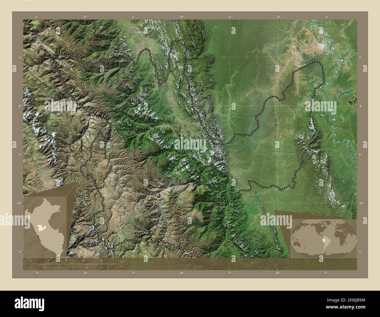 Huanuco, région du Pérou. Carte satellite haute résolution. Cartes d'emplacement auxiliaire d'angle Banque D'Images