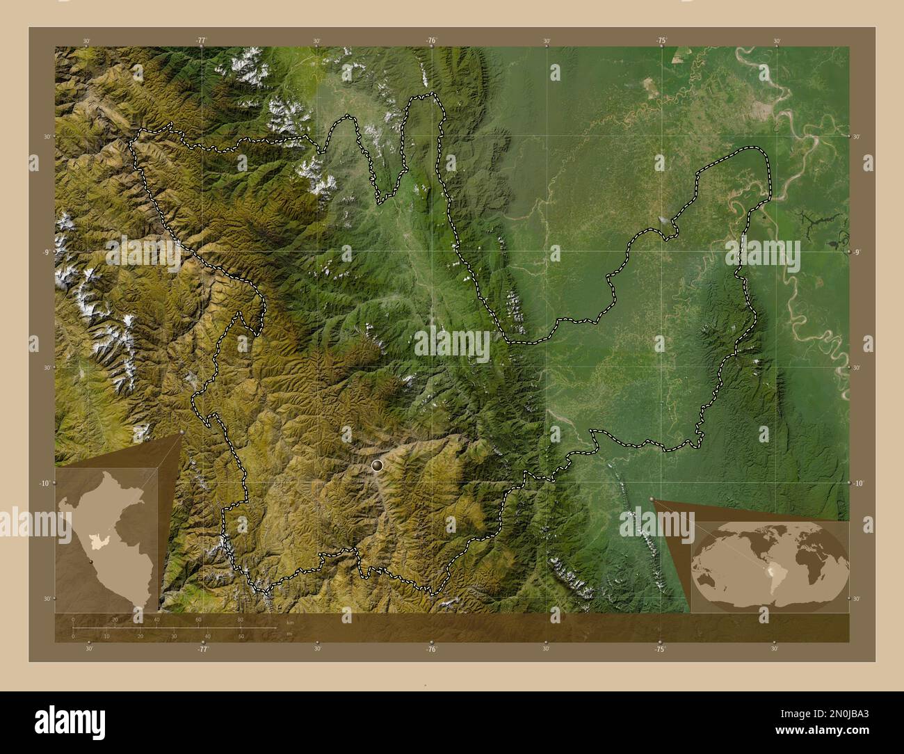 Huanuco, région du Pérou. Carte satellite basse résolution. Cartes d'emplacement auxiliaire d'angle Banque D'Images