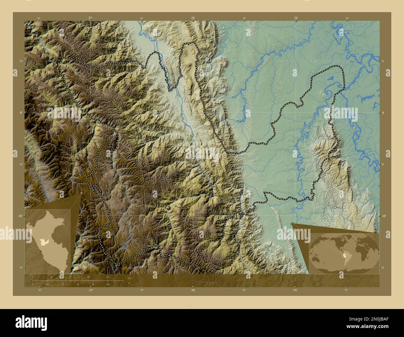 Huanuco, région du Pérou. Carte d'altitude en couleur avec lacs et rivières. Cartes d'emplacement auxiliaire d'angle Banque D'Images
