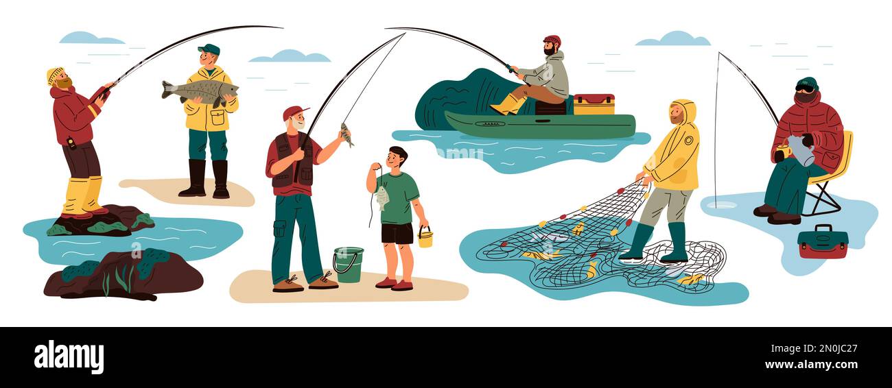 Personnages de pêcheur amusants. Hommes sur la pêche d'hiver et d'été. Orientation avec tiges et filet. Homme attrapant du poisson sur un bateau gonflable ou depuis la rive. Père Illustration de Vecteur