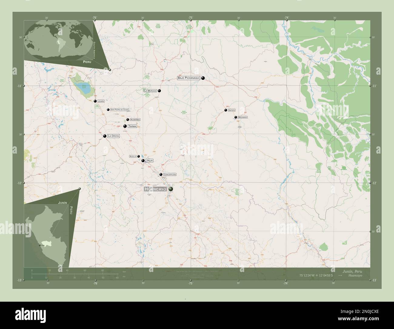 Junin, région du Pérou. Ouvrez la carte des rues. Lieux et noms des