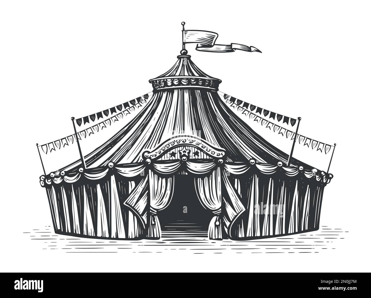 Tente de cirque rétro à rayures avec drapeau. Fête. Illustration vectorielle d'esquisse vintage dessinée à la main Illustration de Vecteur