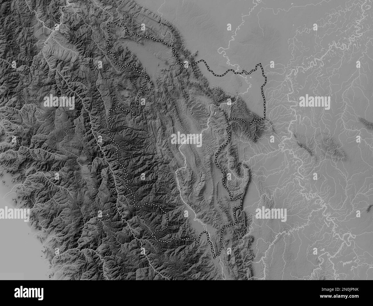 San Martin, région du Pérou. Carte d'altitude en niveaux de gris avec lacs et rivières Banque D'Images