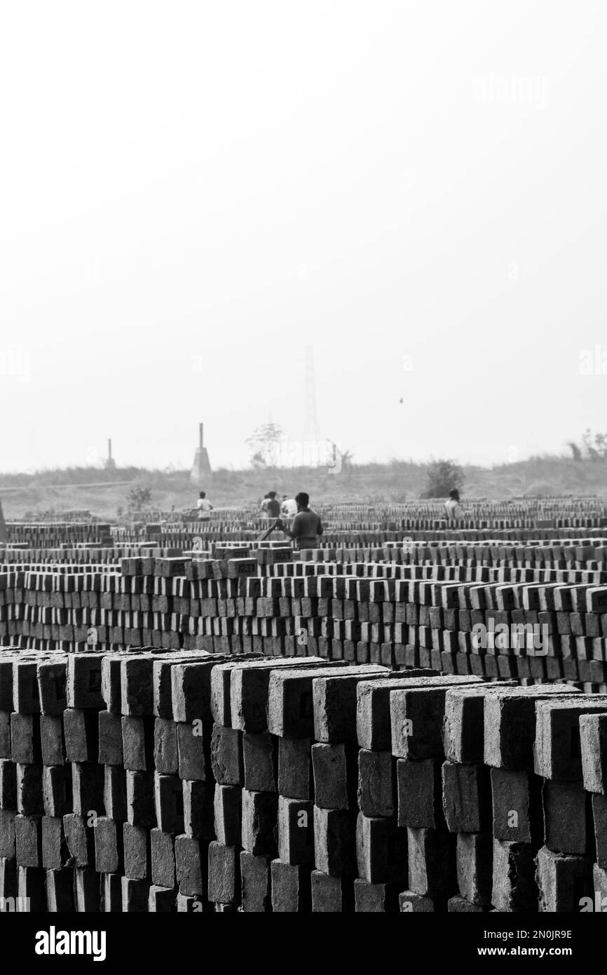 Les gens travaillent dur dans le domaine de la brique. Cette image a été prise de Bosela, Bangladesh sur 30 décembre 2022 Banque D'Images