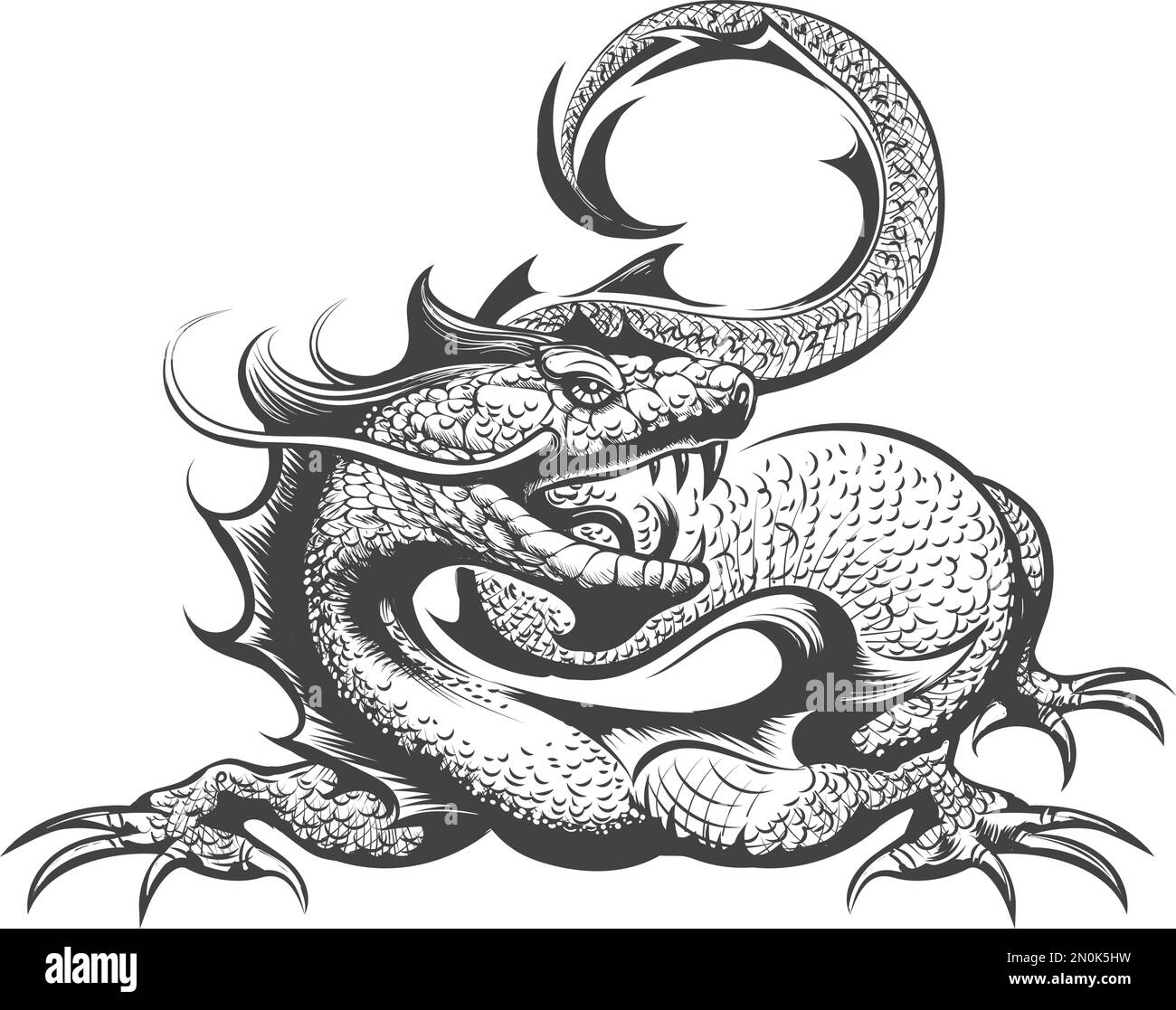 Tatouage de Dragon dessiné en style gravure isolé sur fond blanc. Illustration vectorielle Illustration de Vecteur